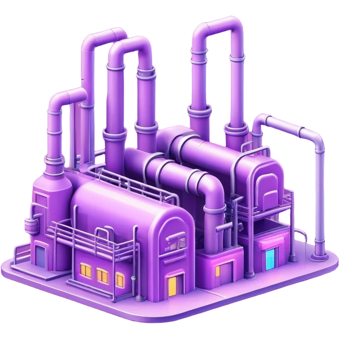 AI-powered factory. It should be a building with pipes. Add light violet neon glowing symbolizing power of AI emoji