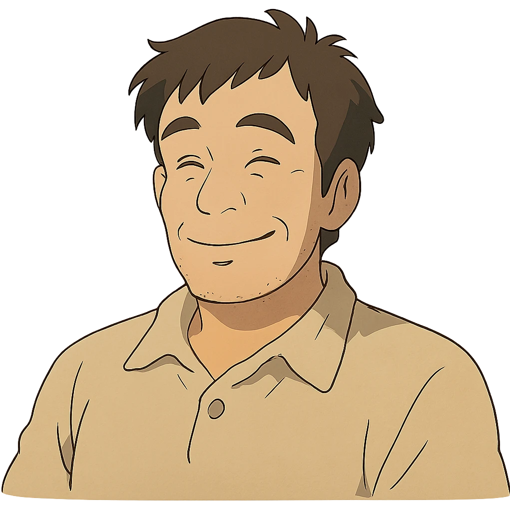 ghibli style man, smiling emoji
