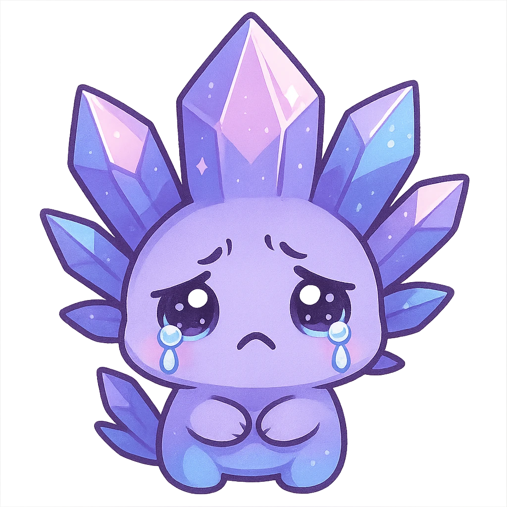 kawaii chibi style crystal sprite creature in purple, blue, and pink with a sad expression and teary eyes emoji