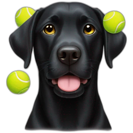 Black Labrador retriever stuffed three tennis balls inside his mouth small eyes emoji