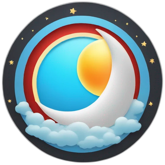 School logo, sun shape on the outside, inside red circle with 12 white stars that go around, inside light blue filling with text in black love wisdom and understanding, beneath half a moon emoji
