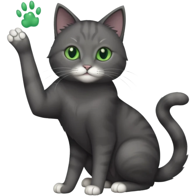 full body gorgeous solid dark grey cat with green eyes, white paws and white whiskers reaching for something emoji