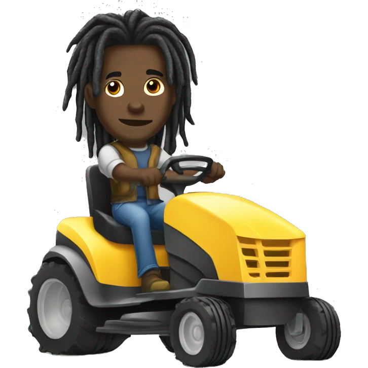 Black man with dreads riding lawn mover with hair in pony tail emoji