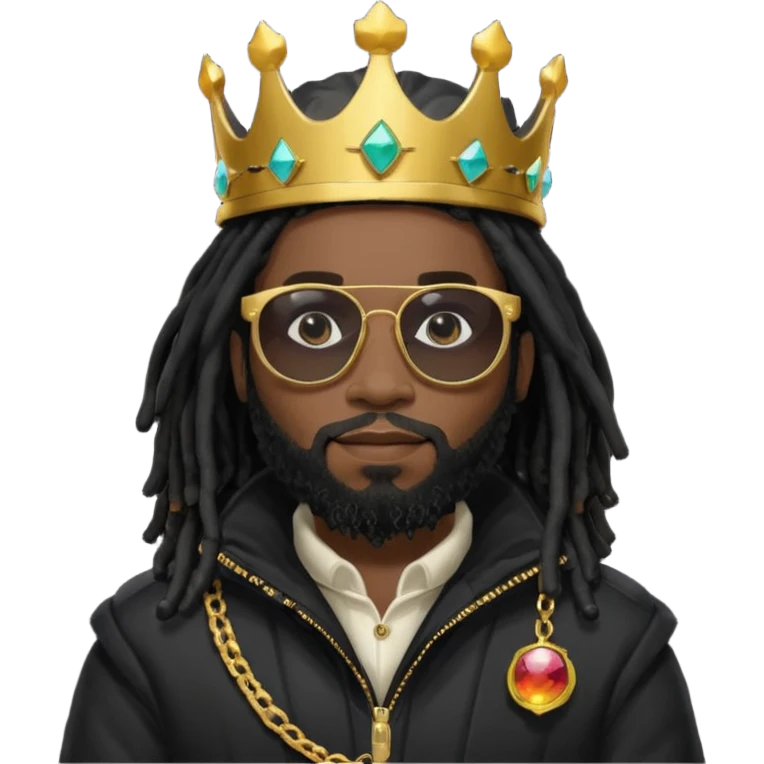 African American man with beardwith shoulder length black dreadlocks wearing black sunglasses with black bubble winter coat weariring a crown on his head emoji