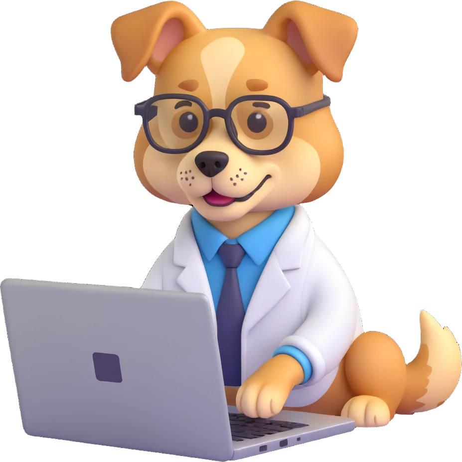 dog computer scientist wearing glasses typing on a laptop, 3D emoji style emoji