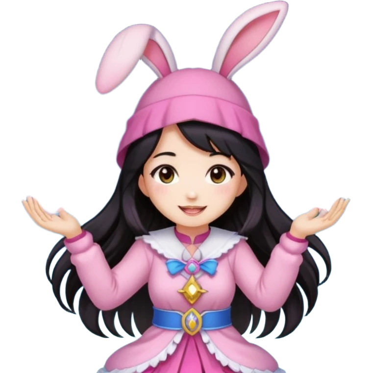 pixel art chibi asian girl with dark long hair in pink bunny ears hat magical girl with kawaii tarot cards thrown in air pixel emoji emoji