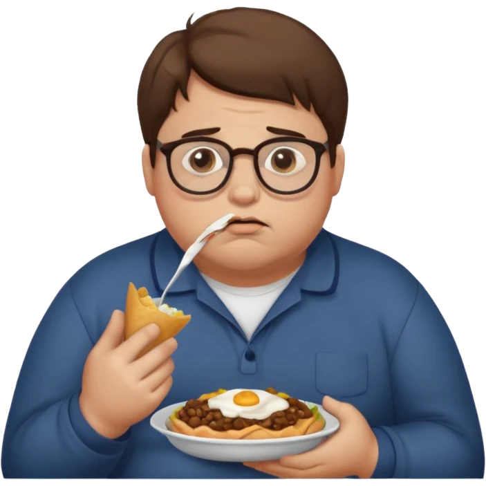 Fat sad guy with brown hair and glasses eating food emoji