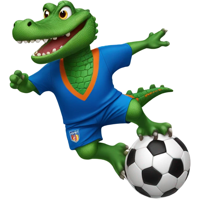 Green Gator with a soccer jersey in blue and Orange kicking a soccer ball emoji