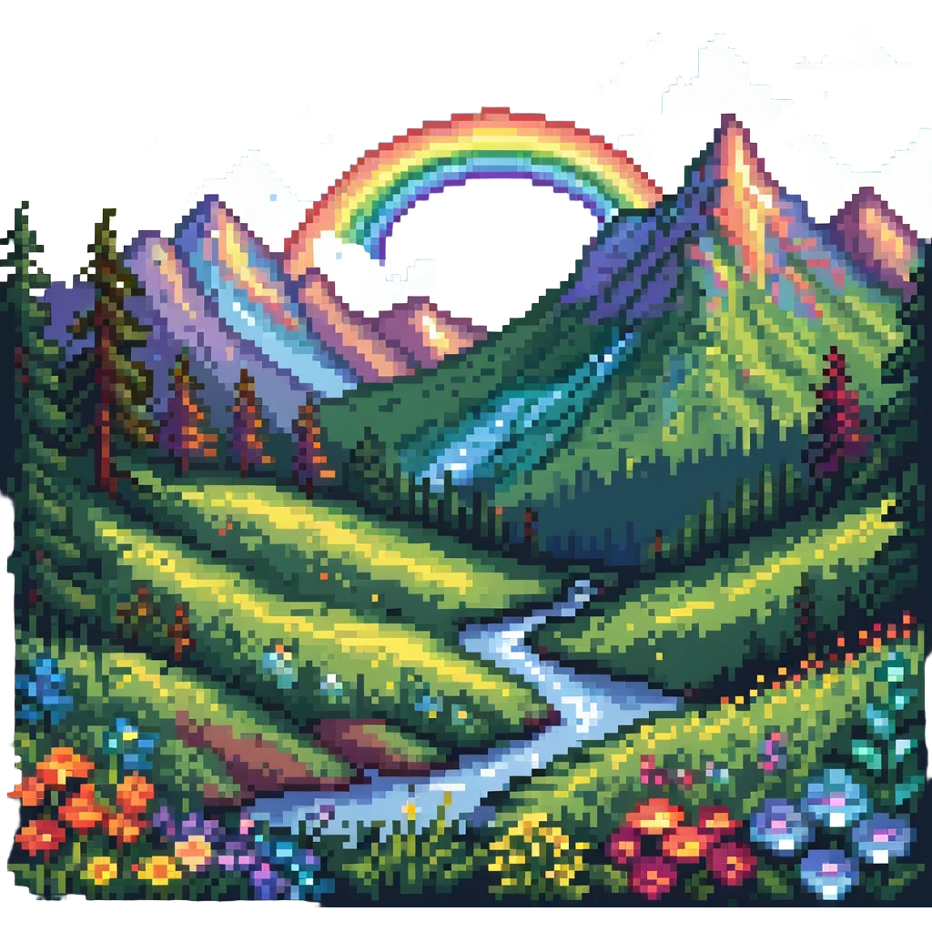 Enchanted meadow with rainbow and crystal mountains emoji