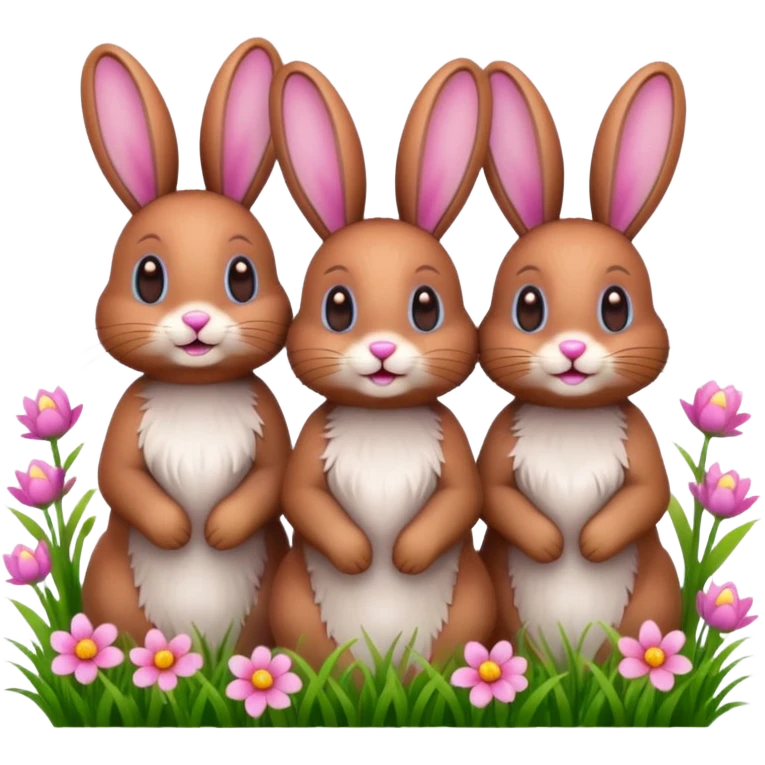 3 Bunny's standing in grass field with flowers happy looking foward emoji