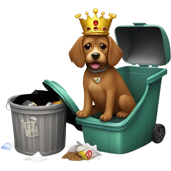 Small brown doodle dog eating garbage with a crown on emoji