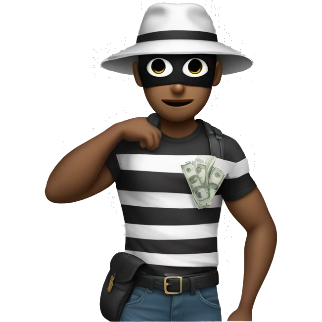 Thief is wearing a T-shirt with white and black stripes, a mask over his eyes, a black hat, and a bag of money slung over his shoulder emoji