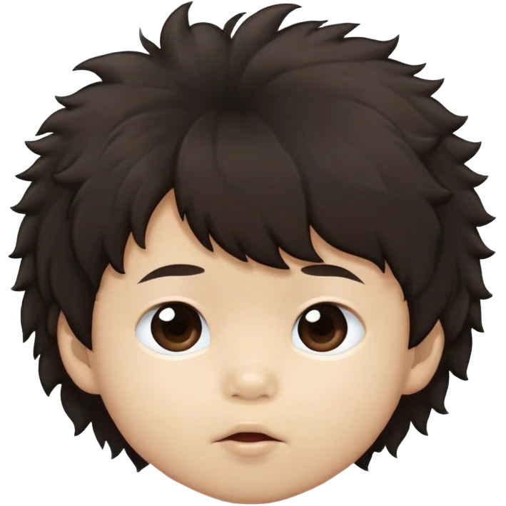 An asian 1 year old kid with brown and black hair fluffy over his eyes emoji