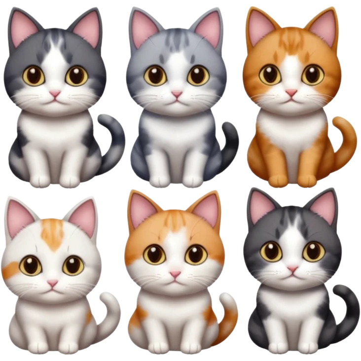 5 different coloured short haired cats including; a dark brown and white cat, and a dark grey and white, and a calico emoji