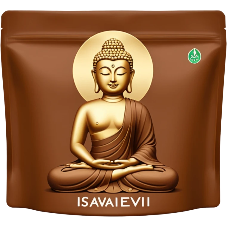 pouch of Iswari Éveil du Bouddha Maxi Protéines, matte brown, Iswari logo, product name, Buddha silhouette, Vegan Gluten-Free Organic icons, full pouch, minimal, no extra text, no faces, clean 3D style, soft shadows, transparent background, emoji scale emoji