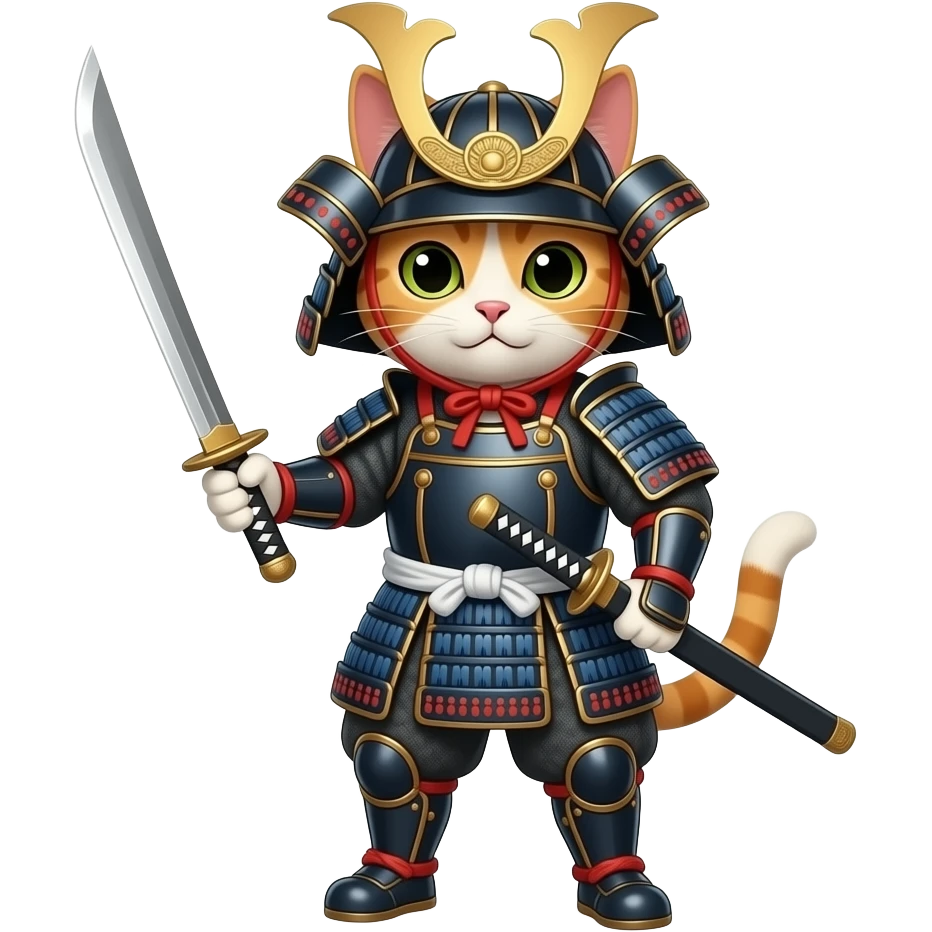 Кіт в японських обладунках з мечем в повний зріст, він людиноподібний emoji