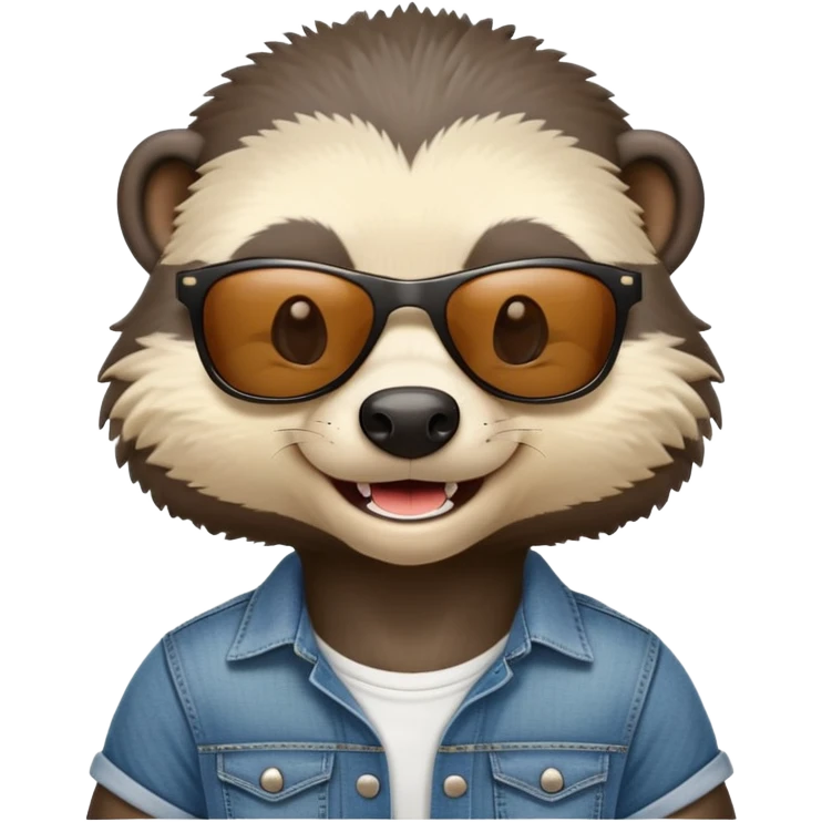 friendly anthropomorphised honey badger in jeans and a t-shirt, wearing sunglasses, head and shoulders view, smiling emoji