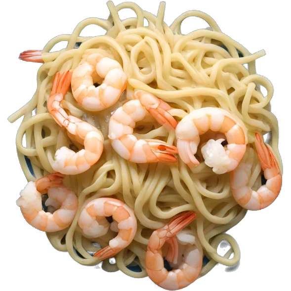 long thin pasta noodles on a blue plate with white sauce and shrimp, black background, top down view emoji