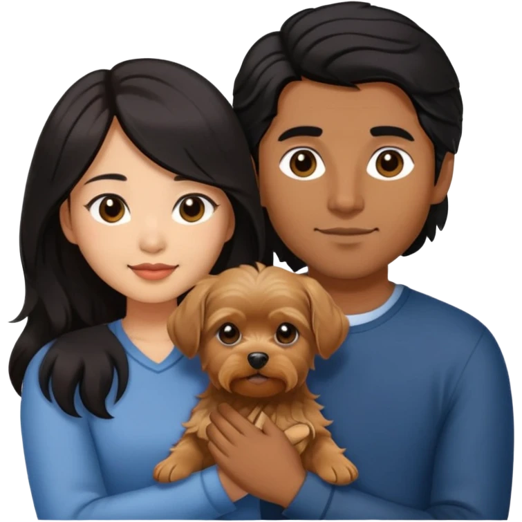 A couple holding holding a small Yorkshire Terrier together. The girl is an Asian girl with long, luscious wavy black hair (loose, no hair tie). She is standing beside a brown-skinned man with a short middle part haircut.  emoji