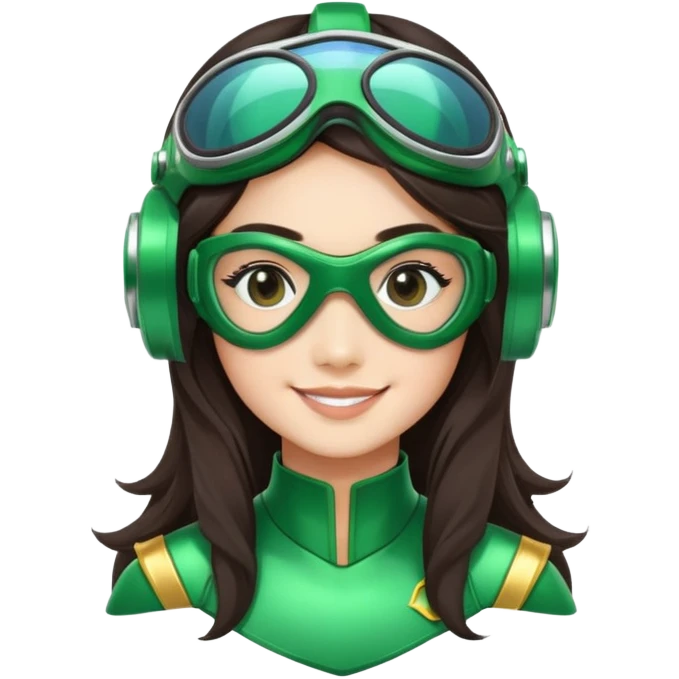 green Power Ranger, Asian girl with long, less wavy dark brown hair, side parting, smiling, wearing scuba goggles emoji