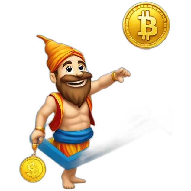 genie with a coin in his hand on the crypto coin graph arrow emoji
