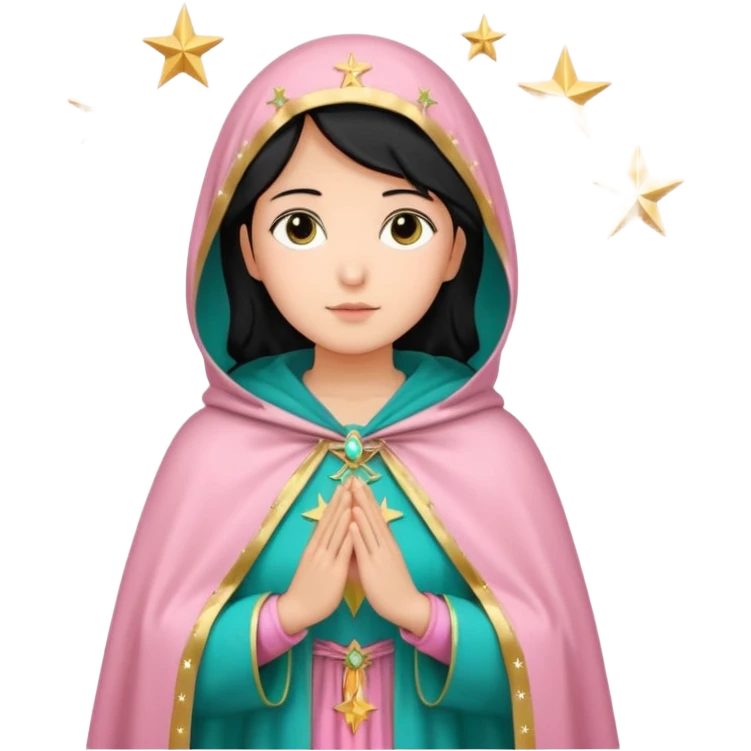 virgen maria catolica con vestido rosa palido. manto verde turquesa y pequeñas estrellas doradas, dispersas por el manto, muchas estrellas en su manto.con las manos juntas y de piel morena con pelo negro lacio emoji