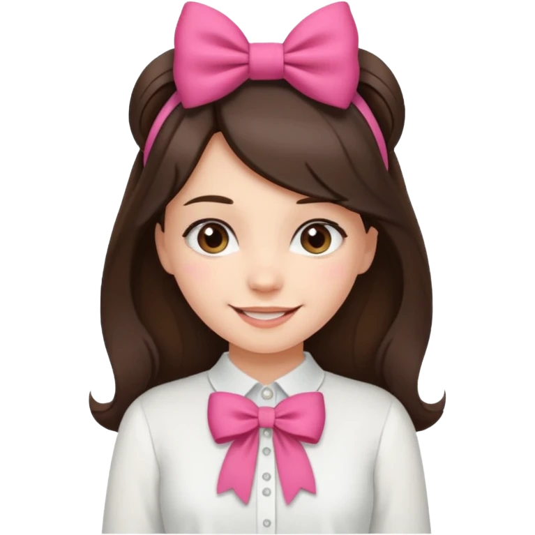 Brunette girl cute smile with bows in her hair pretty normal strip withe blouse till middle hip  emoji