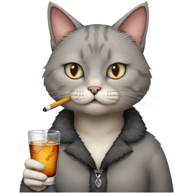 hazme a un gato fumando cigarro mientras toma alcohol y está depre emoji