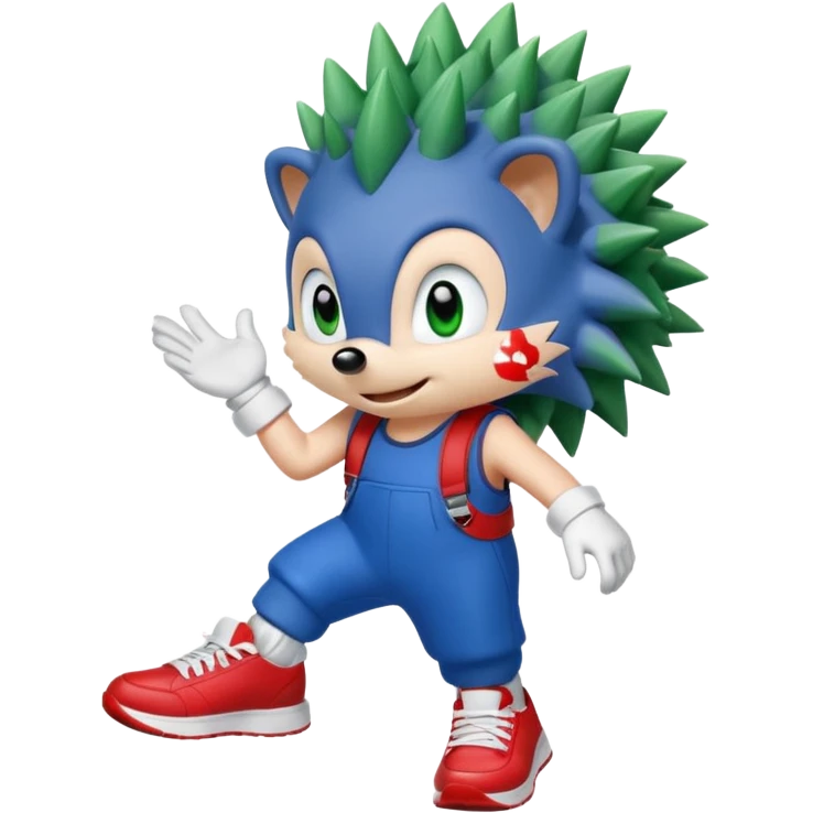 Blue anthropomorphic hedgehog, spiky hair, large green eyes, confident smile.Wearing red sneakers with white straps and white gloves. emoji
