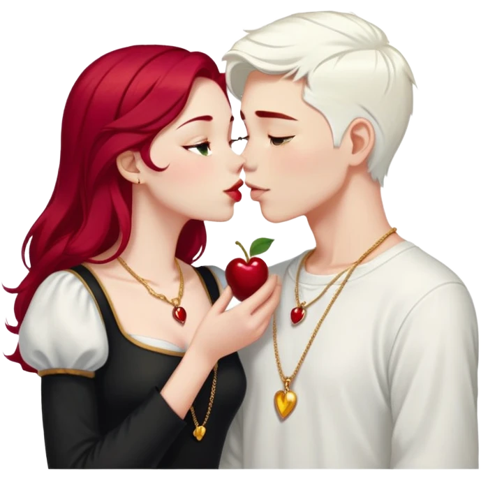 20 year old couple, boy with SHORT SNOW WHITE HAIR (completely WHITE), dark shirt, girl with long cherry red hair, light clothes, gold necklace, kissing emoji