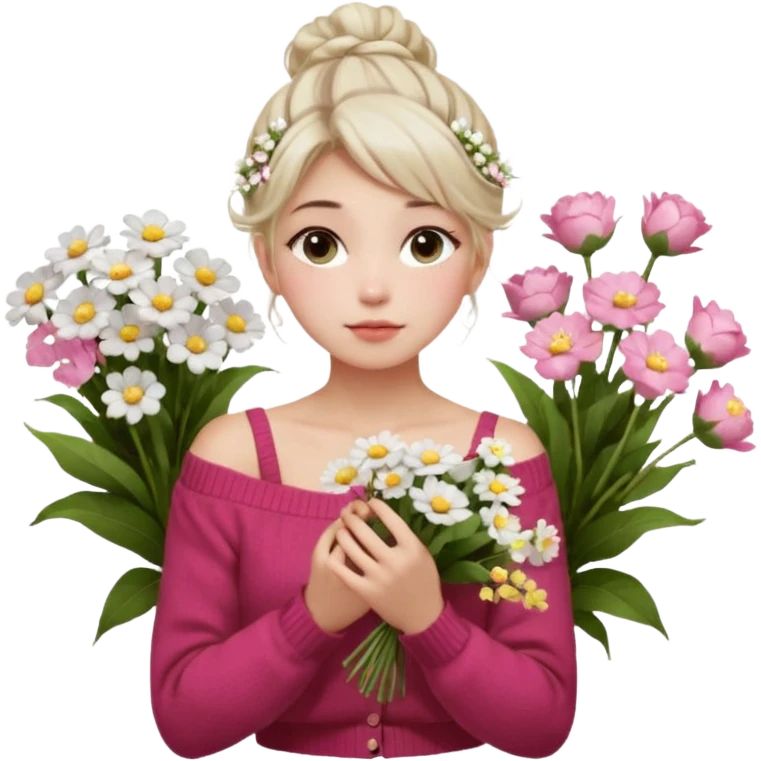 a girl  sitting  near various bouquets of flowers , white and pink flowers . She is holding a single white flower up to her face, Her hairstyle is slightly messy updo, with a few soft strands falling around her face, . She wears a red off-shoulder cardigan and a white long skirt. emoji