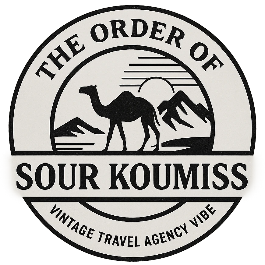 A black and white 90s-style logo for 'The Order of Sour Koumiss' with a vintage travel agency vibe, featuring a minimalist design emoji