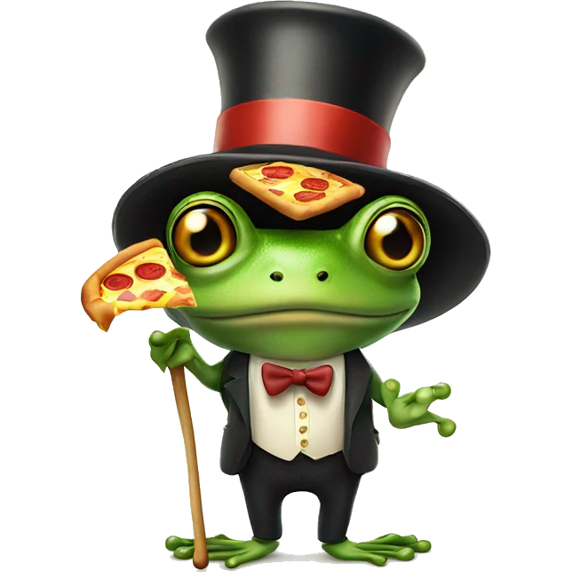 A frog wearing a top hat holding a cane eating pizza upside down emoji