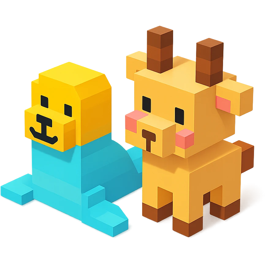 a seal and a goat sitting together, Roblox style, simple background emoji