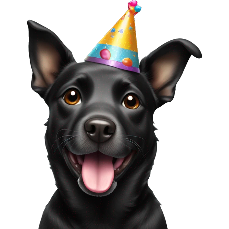 black dog with birthday hat and tongue out emoji