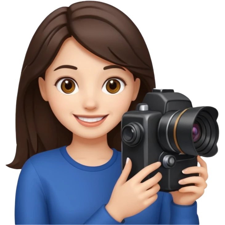 A brunette girl smiling, she’s a proud and successful filmmaker 🍿🌍✨ Holding a camera or behind / next to a camera, / holding awards  emoji