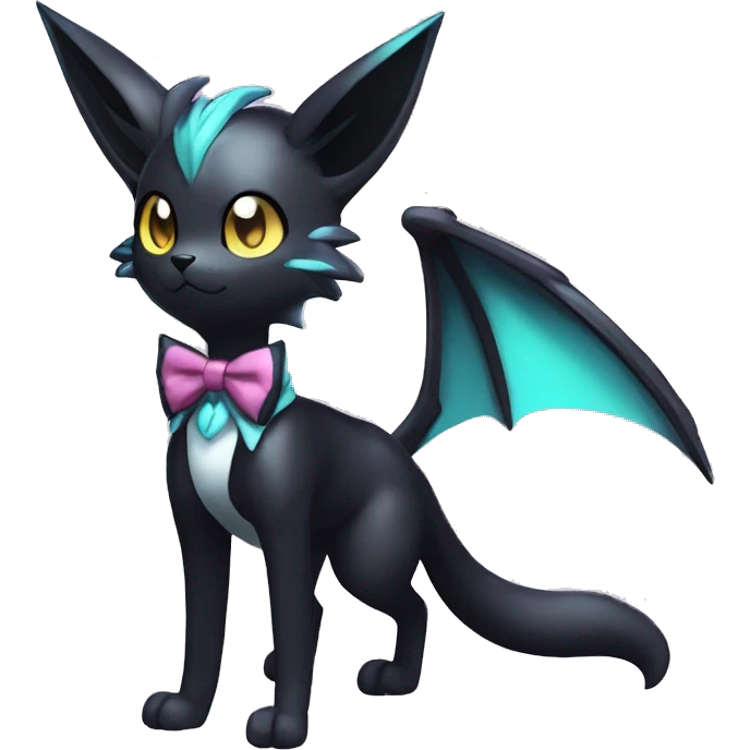 Shiny Cool Edgy Black beautiful ethereal fantasy Kawaii Sona Umbreon-Noibat-Litten-Fakemon-cat-animal with edgy bat-ears bow tie black mane vtuber model Full Body emoji