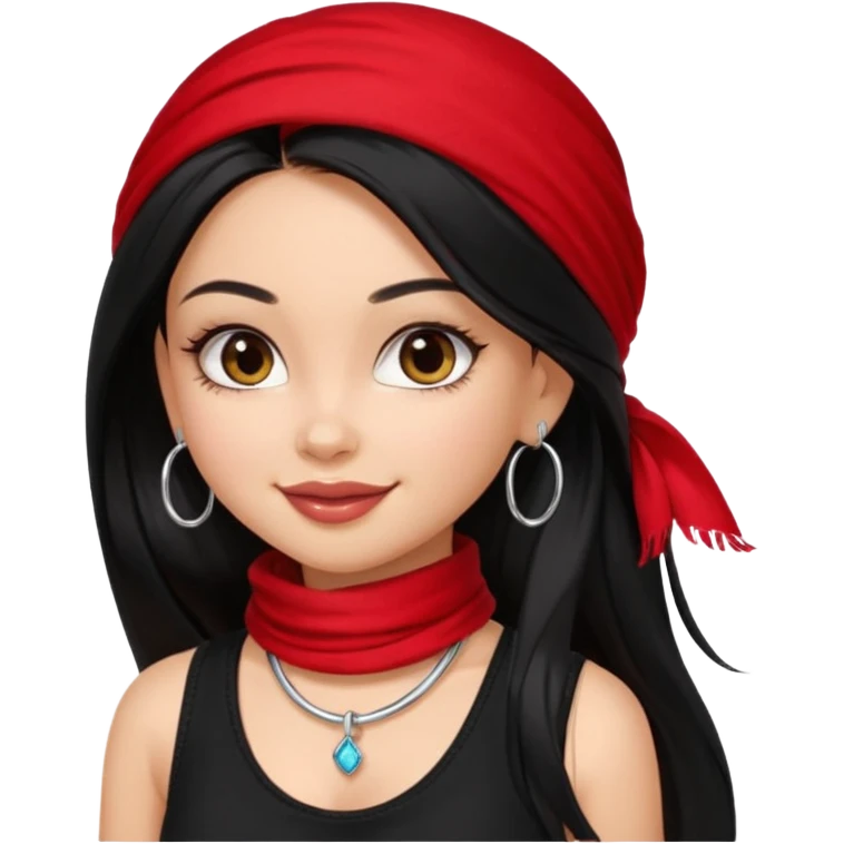 a pretty bratz girl with long black hair, kajal under eyes, small silver hoop. black tank top on. Red scarf around neck emoji