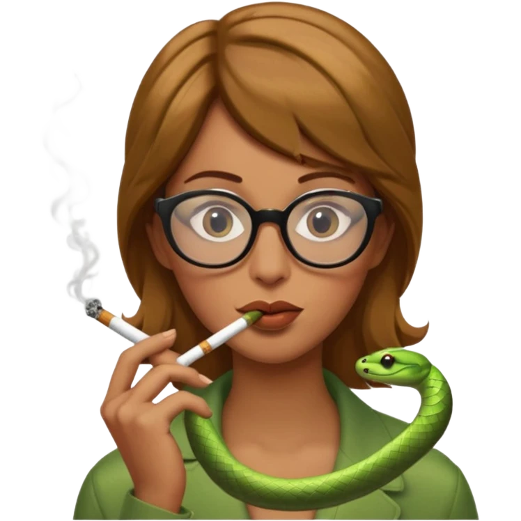 can you create a sneaky bitch SNAKE with big glasses smoking a cigarrette - with light brown hair, green snake, with hands on her chin as if she's innocent but with a bitchy look in her eyes and cigarrette in the mouth emoji
