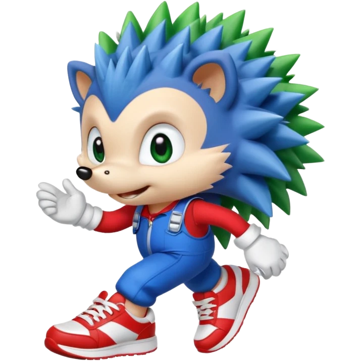Blue anthropomorphic hedgehog, spiky hair, large green eyes, confident smile.Wearing red sneakers with white straps and white gloves. emoji