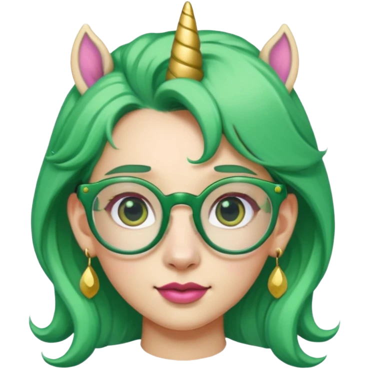 unicorn with green hair and big earrings looking into camera and spectacle emoji