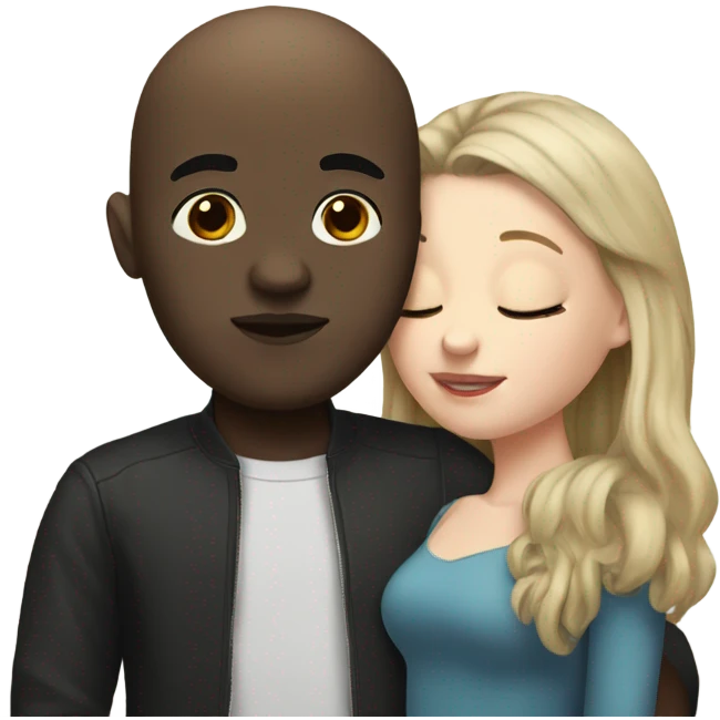 White girl dark hair kissing bald half black man emoji
