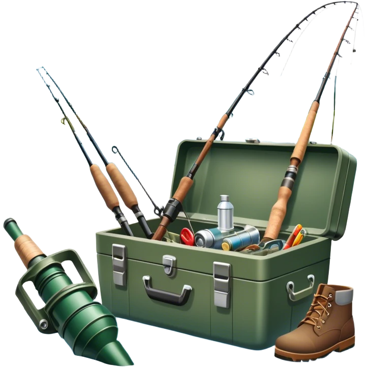Icon for Fishing: a fishing tackle box, a spinning rods, fishing boots, and a boat by a water body with a beautiful nature backdrop. The icon should evoke the peaceful and adventurous spirit of fishing. Transparent background. emoji