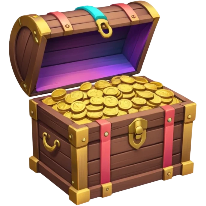 wooden brown treasure chest filled with coins pack in gradient of turquoise, blue, pink, purple, and coral emoji