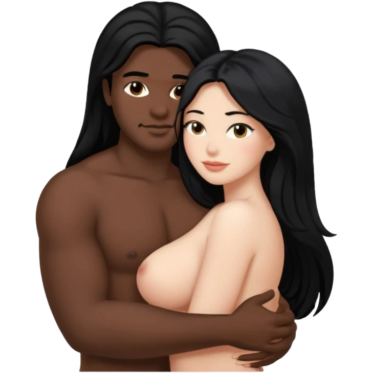Голая девушка и мужчина лежать в обнимку, у неё большие миски и большая жопа. Он черные волосы. У неё черные длинные волосы.  emoji