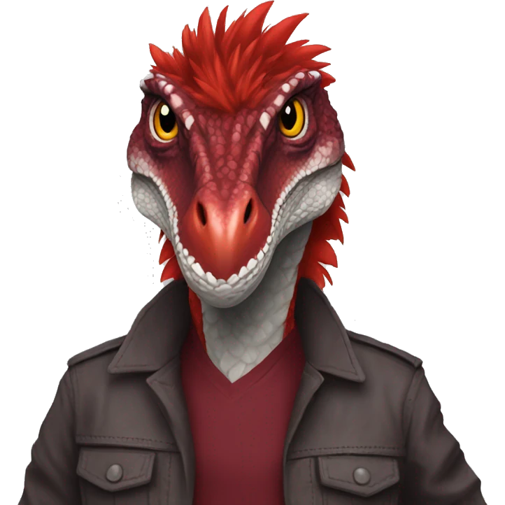Cool edgy sexy handsome Maroon-colored velociraptor with bright-red messy mane full body emoji
