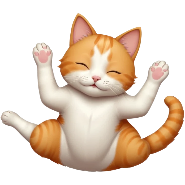 ginger and white small cat eyes closed lying down upside down with paws stretched out straight in different directions emoji