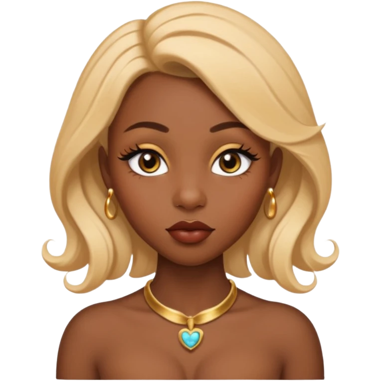 darkskin female with eyebrows that are naturally shaped and frame eyes well, eyes that are almond-shaped with defined lashes. nd lips are full with a defined cupid’s bow, add also a septum piercing that adds an edgy, stylish flair. a middle-part, honey blonde bust-down with laid baby hairs emoji