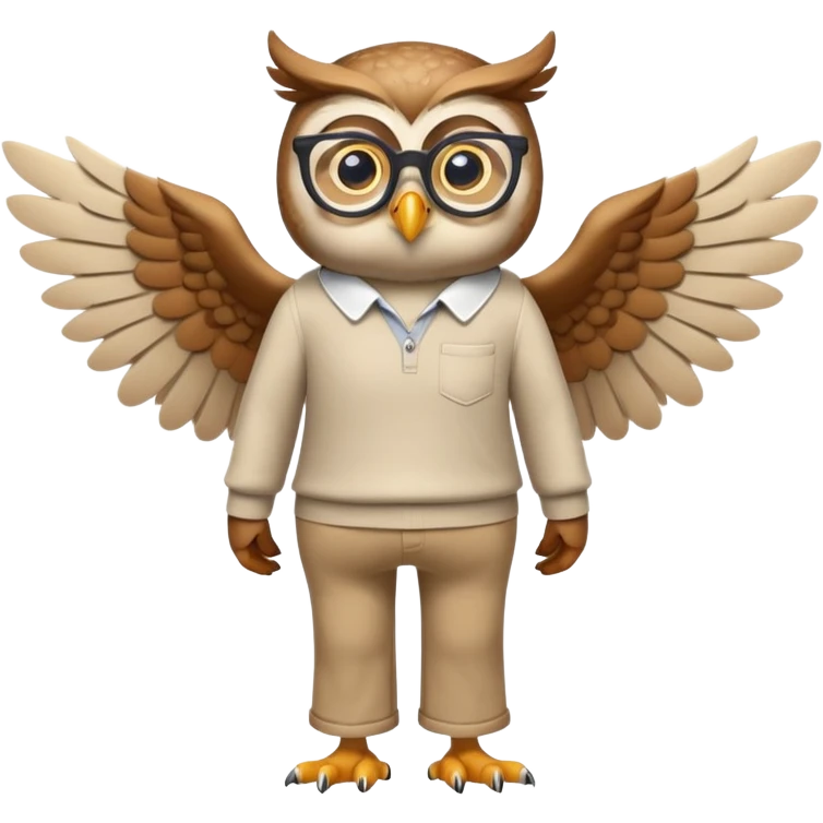 friendly anthropomorphised owl with wings instead of arms, in pants and a shirt, wearing glasses, walking upright, relaxed pose emoji