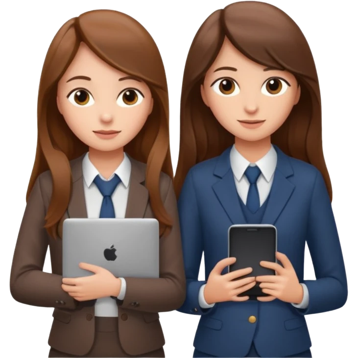two brown haired girls, looking professional maybe leaned on each others back and looking forward and using phones, with long hair and one girl can hold lap top another one can hold the phone, professional clothes emoji